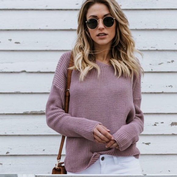 NEW (M & L) Purple Sweater V Neck Open w/ Bow - Picture 2 of 7